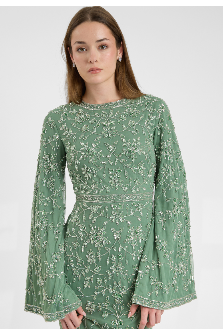 Modest Embellished Sequin Beaded Dress Maxi With Sleeves Design, Alternate, color, GREEN