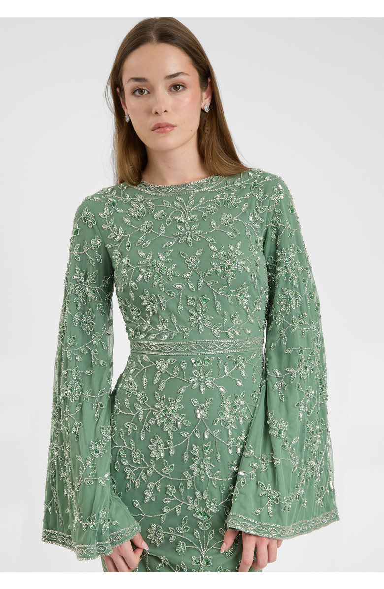 MARYISA Modest Embellished Sequin Beaded Dress Maxi With Sleeves Design, Alternate, color, Green