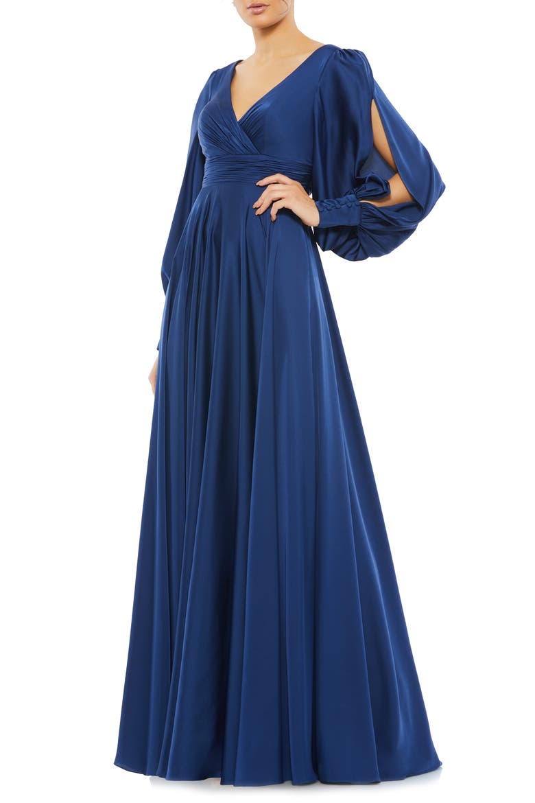 Split Long Sleeve Satin A-Line Gown, Main, color, MIDNIGHT