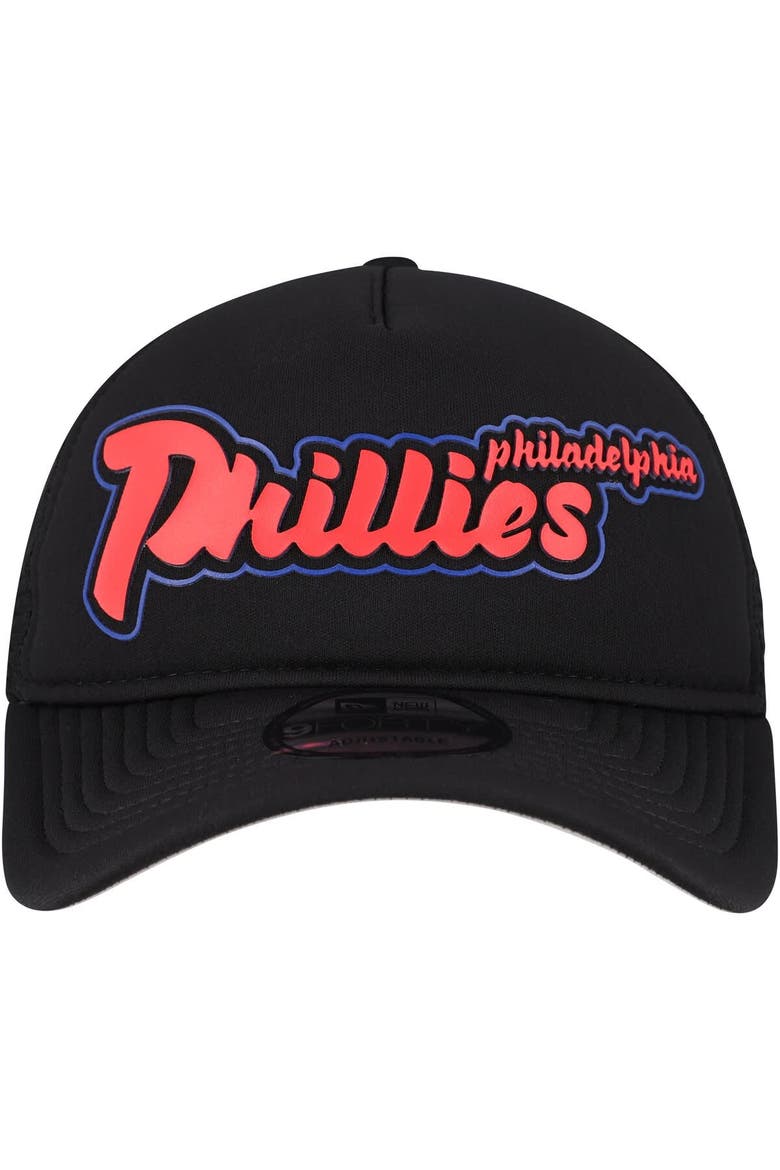 Men's New Era Black Philadelphia Phillies Retro Bold A-Frame Trucker 9FORTY Adjustable Hat, Alternate, color, Black
