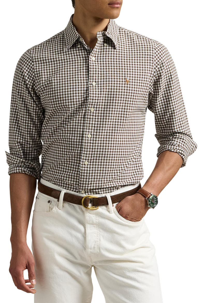 Classic Fit CheckShort Sleeve Cotton Button-Down Oxford Shirt, Main, color, 4338R PALE RUSSET/ WHITE