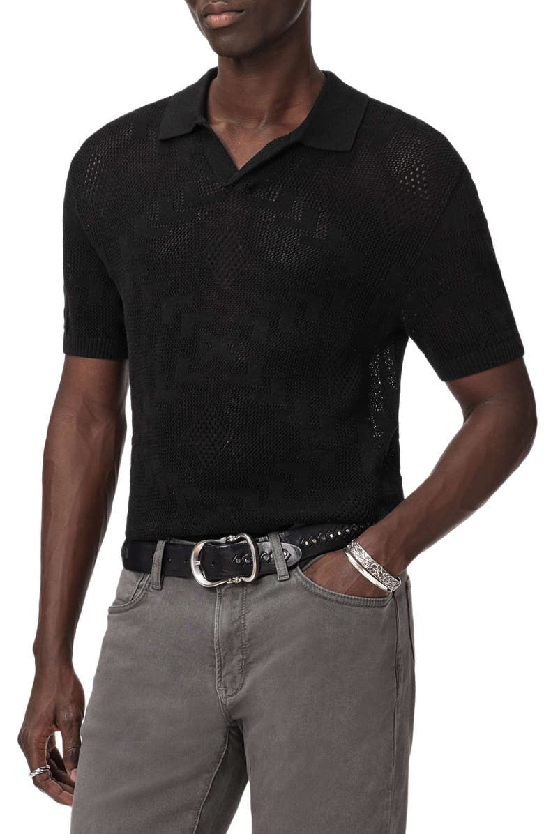 John Varvatos Corso Organic Cotton Diamond Crochet Polo, Main, color, Black