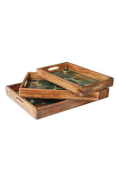 Rectangular Resin & Wood Decorative Tray Set