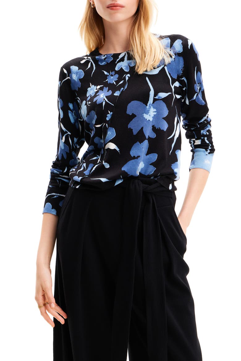 Patchwork Floral Pullover, Main, color, BLACK