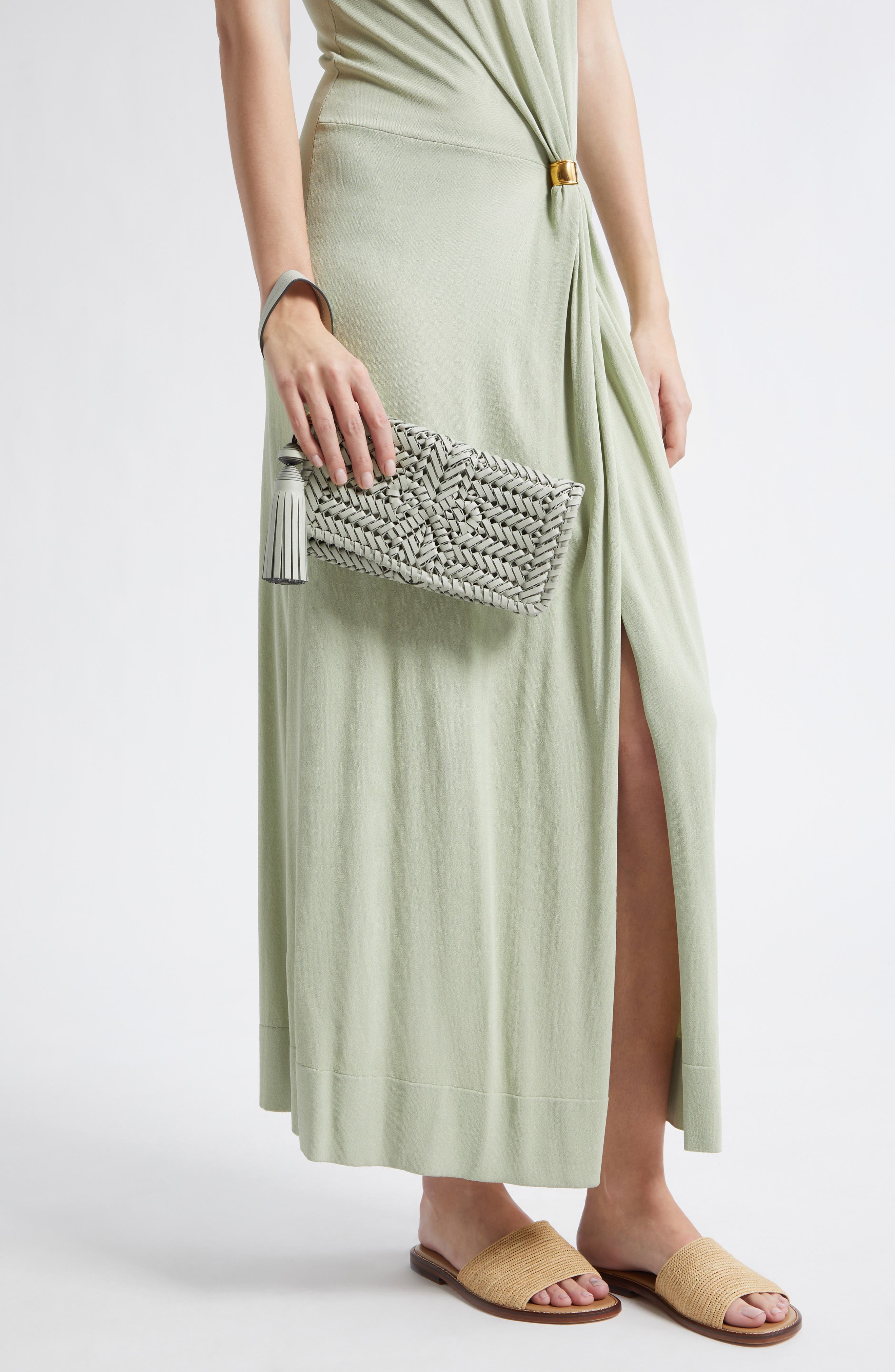 Anya Hindmarch Neeson Herringbone Woven Leather Tassel Clutch, Alternate, color, Iceberg