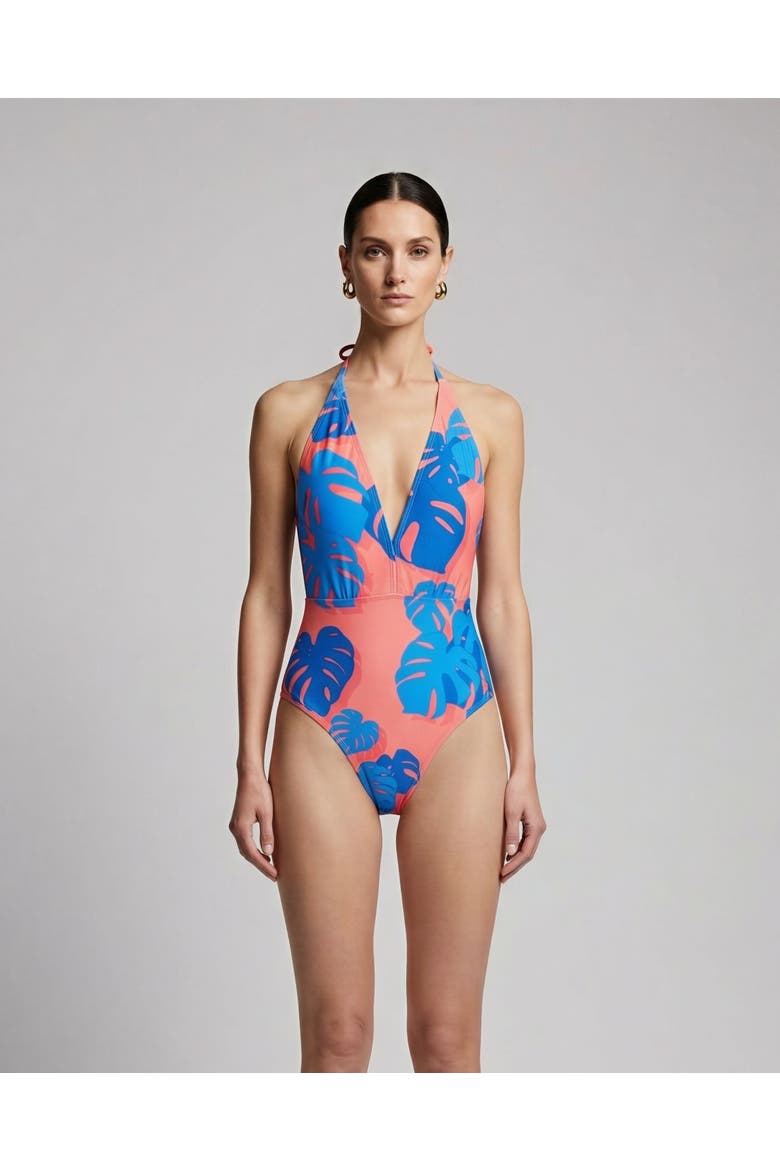 Monstera Floral Womens Halter One-Piece Swimsuit, Main, color, Monstera Floral Coral