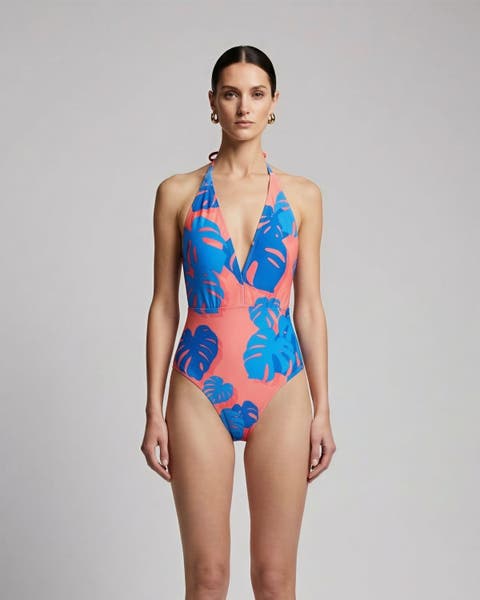 Monstera Floral Womens Halter One-Piece Swimsuit