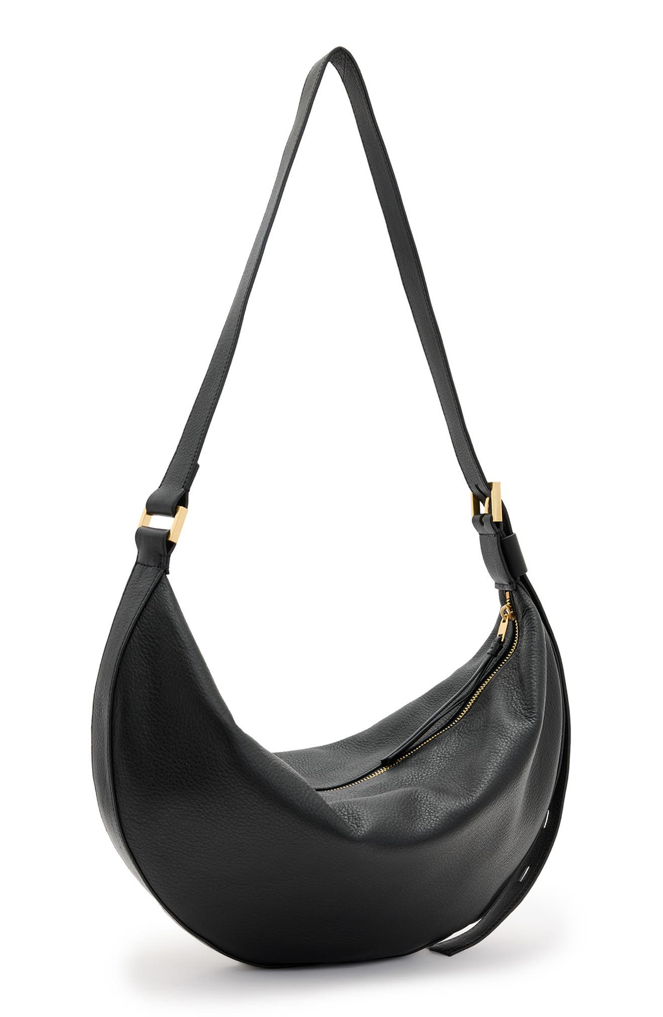 AllSaints Half Moon Leather Shoulder Bag, Alternate, color, Black