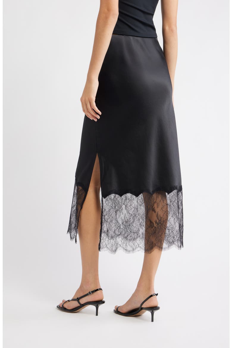Lace Trim Satin Midi Skirt, Alternate, color, BLACK