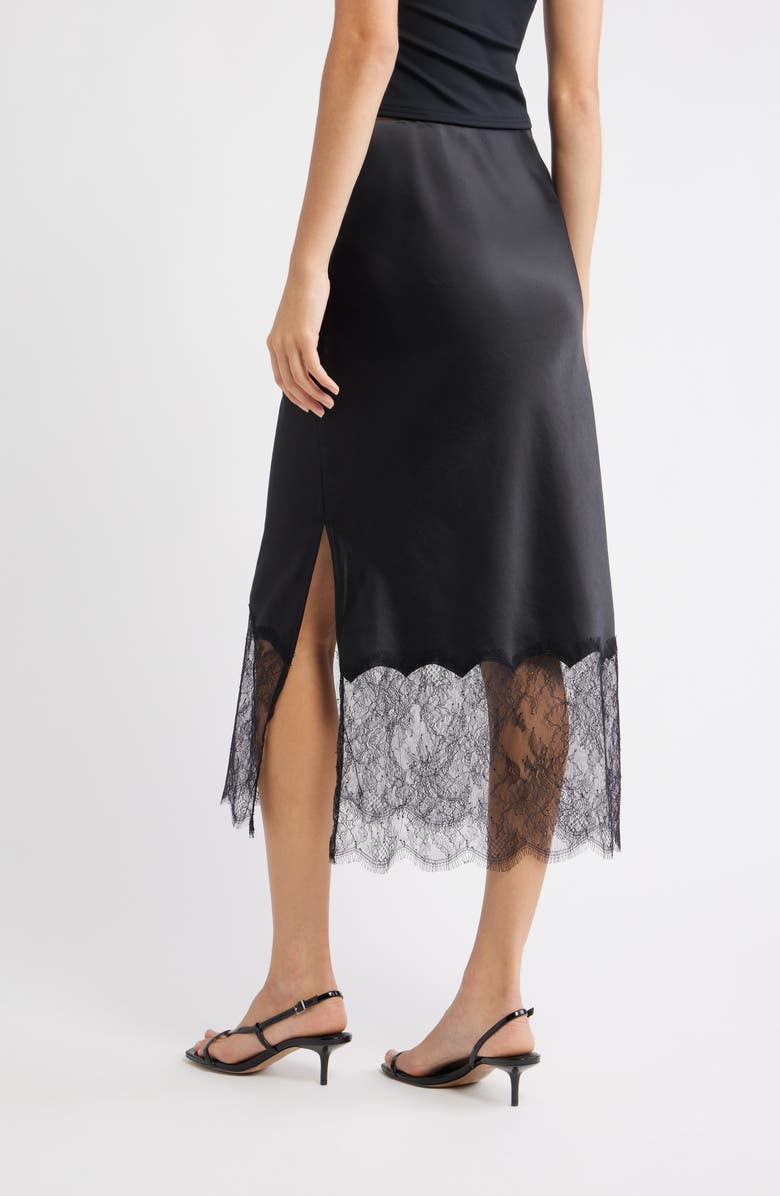 Open Edit Lace Trim Satin Midi Skirt, Alternate, color, Black
