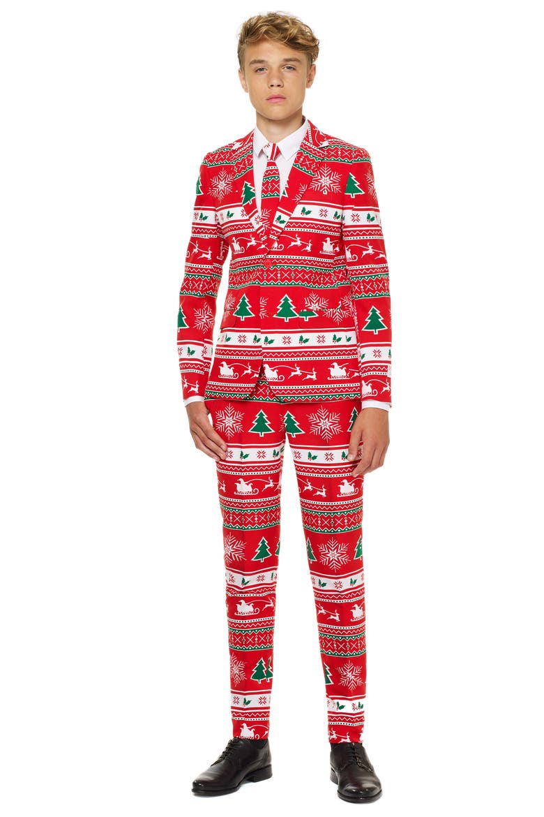 Winter Wonderland Two-Piece Suit with Tie, Main, color, RED