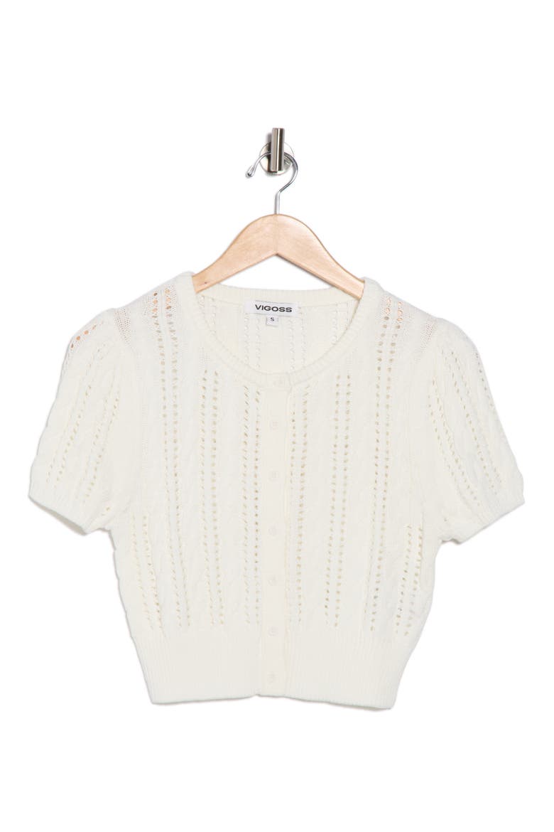 Crop Pointelle Short Sleeve Cardigan, Alternate, color, CREME
