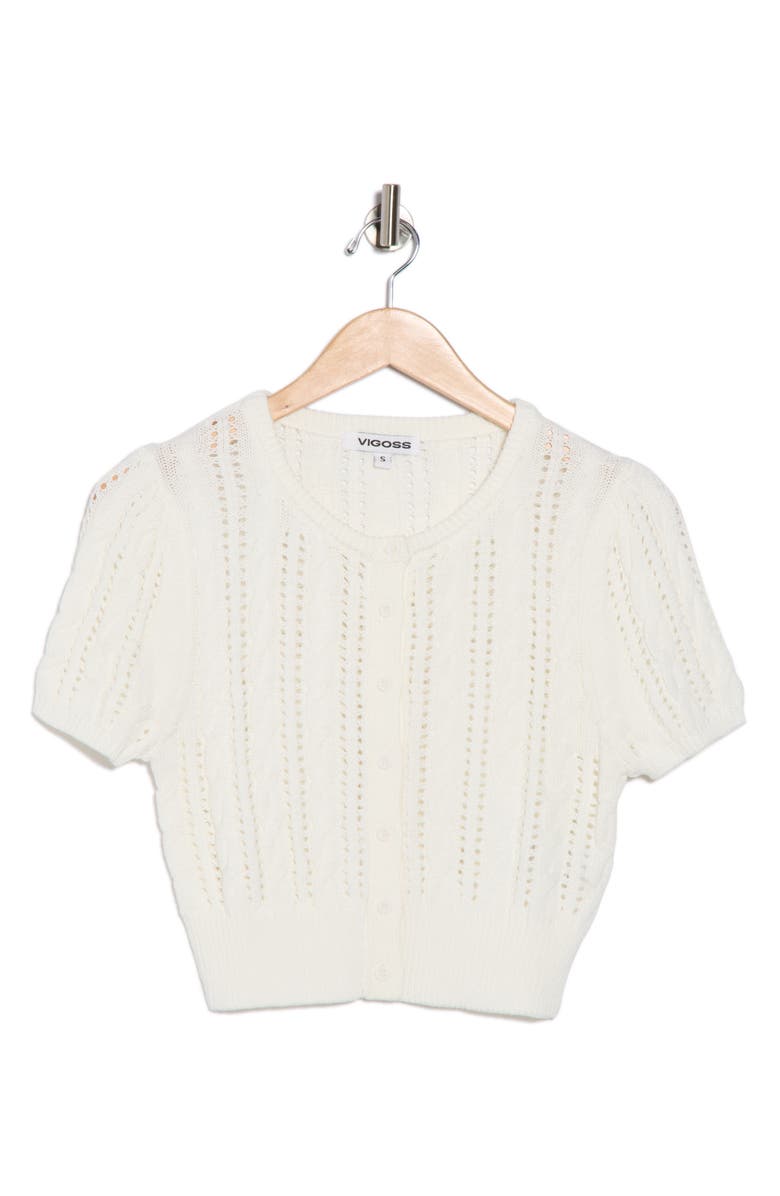 Vigoss Crop Pointelle Short Sleeve Cardigan, Alternate, color, Creme