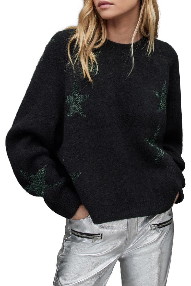 Metallic Star Alpaca & Wool Blend Sweater, Main, color, BLACK/ GREEN