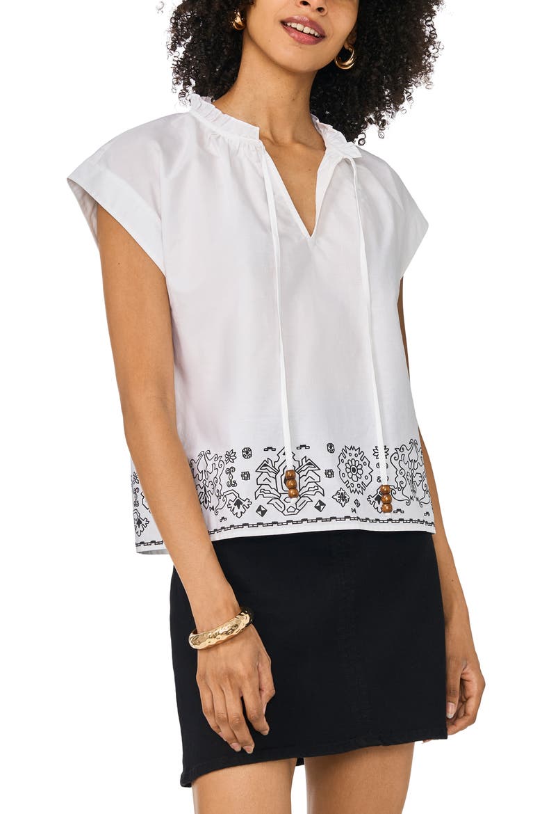 Ruffle Trim Split Neck Border Print Top, Main, color, RICH BLACK