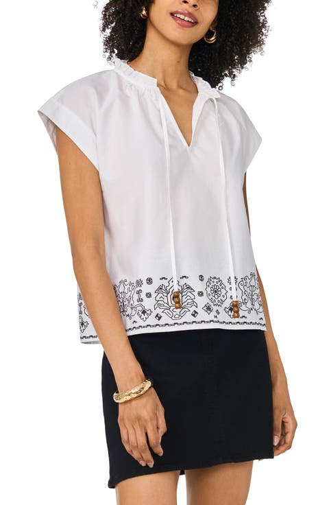 Ruffle Trim Split Neck Border Print Top