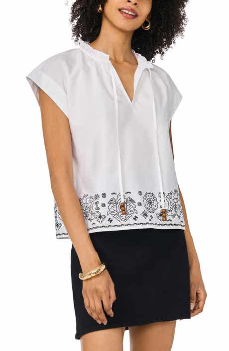 Ruffle Trim Split Neck Border Print Top