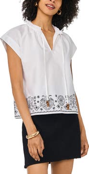 Vince Camuto Ruffle Trim Split Neck Border Print Top