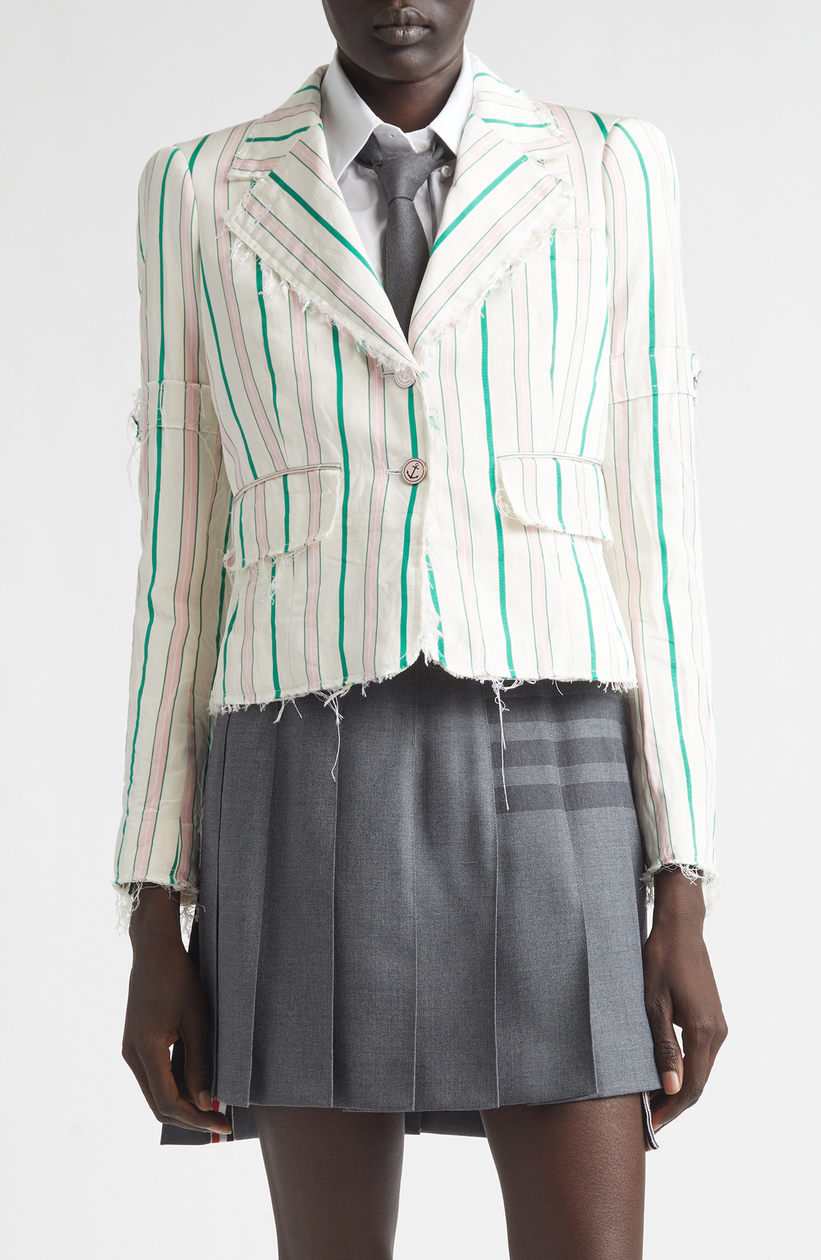 Stripe Sculpted Shoulder Silk & Cotton Jacket