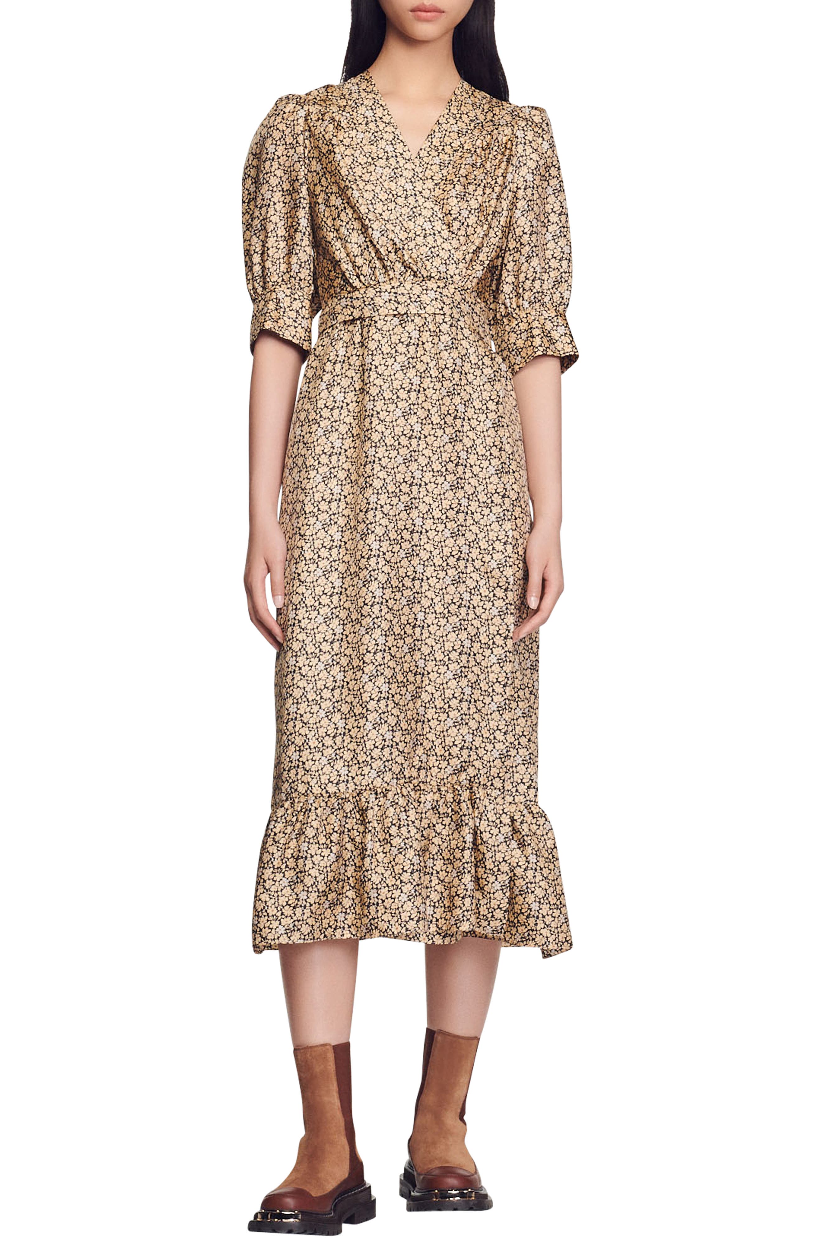 SANDRO Enrika Floral Surplice Silk Dress