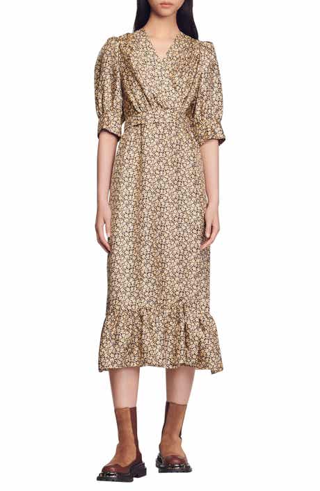 SANDRO Enrika Floral Surplice Silk Dress