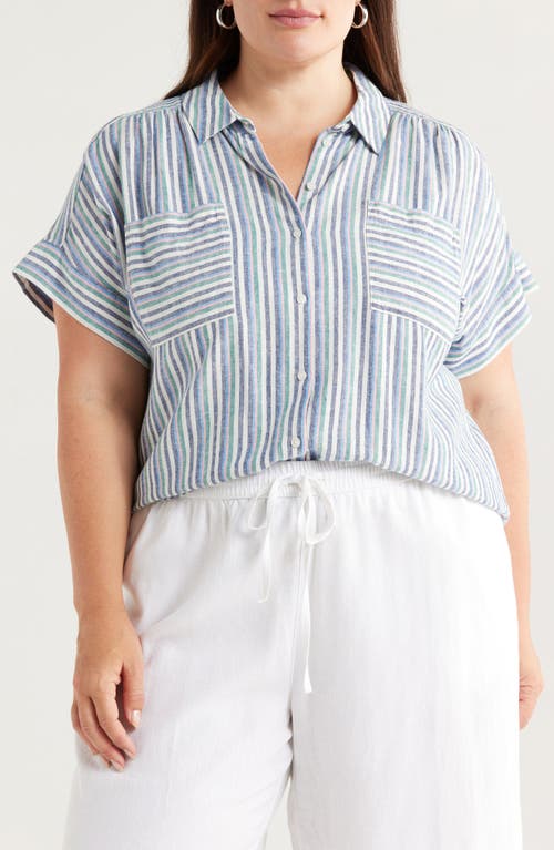 CASLONR CASLON(R) STRIPE SHORT SLEEVE LINEN BLEND BUTTON-UP SHIRT 