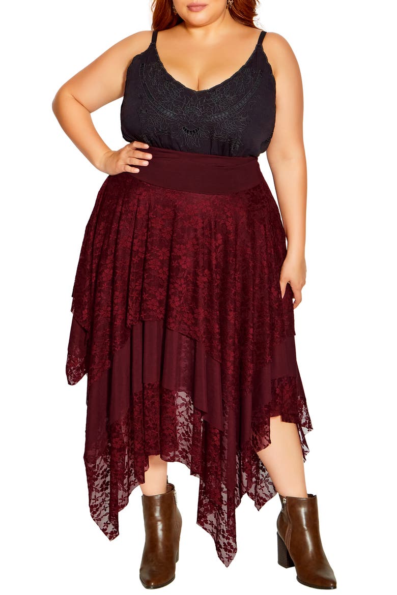 Elizabeth Handkerchief Hem Lace Maxi Skirt, Alternate, color, RUBY