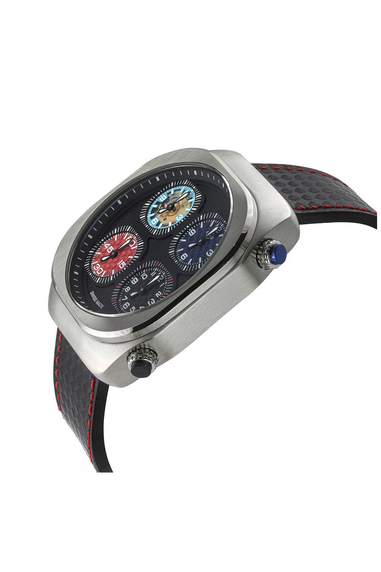 Quattro Zone Leather Strap Watch, 54mm, Alternate, color, BLACK