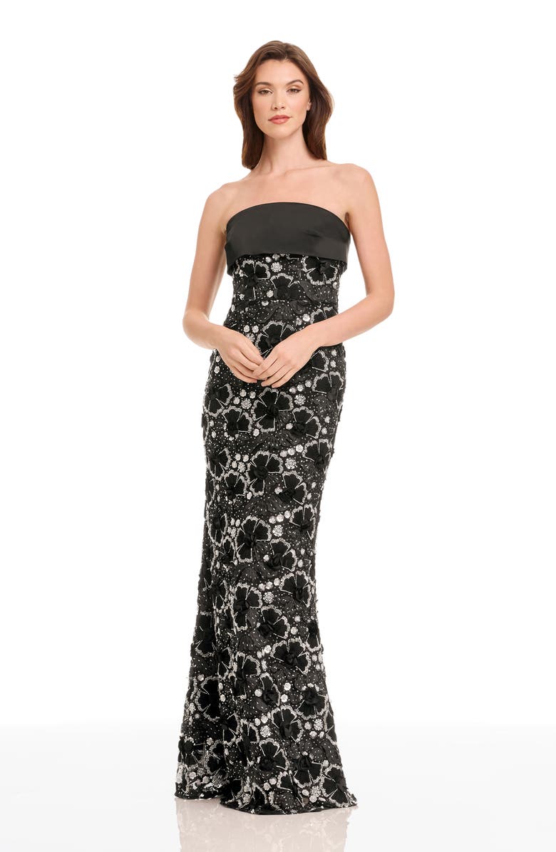 Dress the Population Shay Beaded Floral Strapless Dress, Alternate, color, Black-Silver