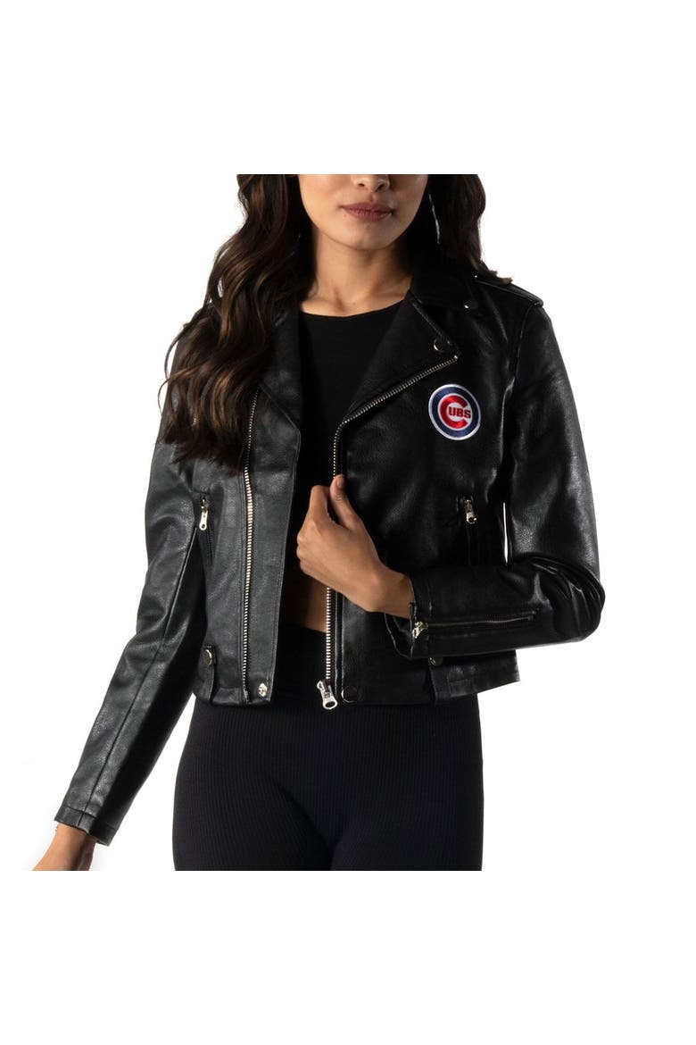 Women's The Wild Collective Black Chicago Cubs Faux Leather Moto Full-Zip Jacket, Alternate, color, Black
