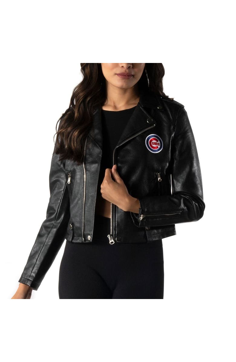 THE WILD COLLECTIVE Women's The Wild Collective Black Chicago Cubs Faux Leather Moto Full-Zip Jacket, Alternate, color, Black