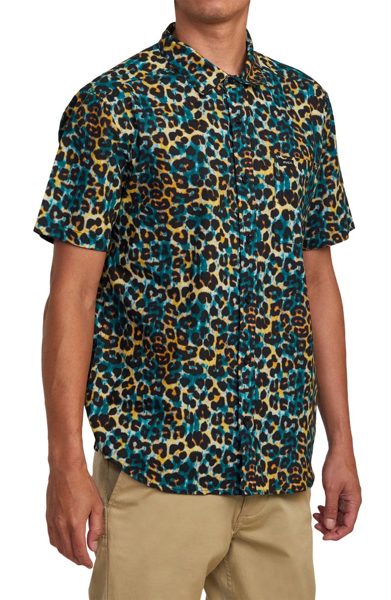 RVCA Cheeter Leopard Print Short Sleeve Cotton Button-Up Shirt, Alternate, color, 