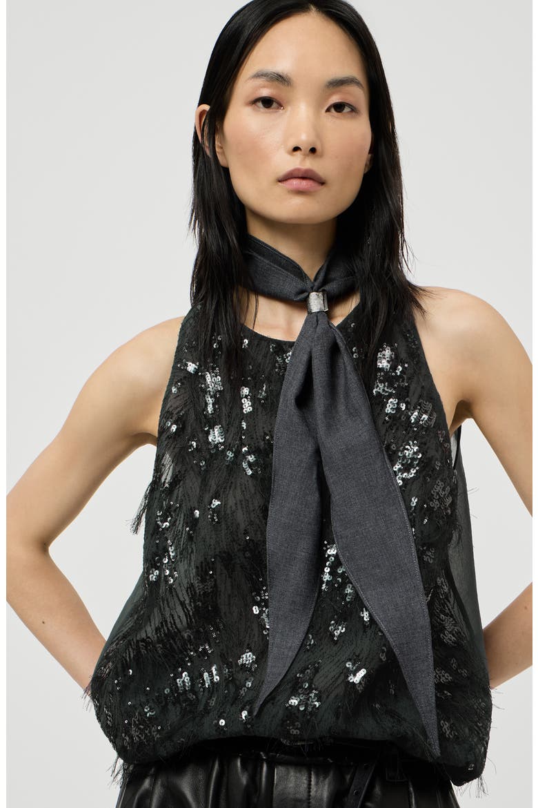 Crispy silk top with dazzling lynx embroidery, Alternate, color, Lignite