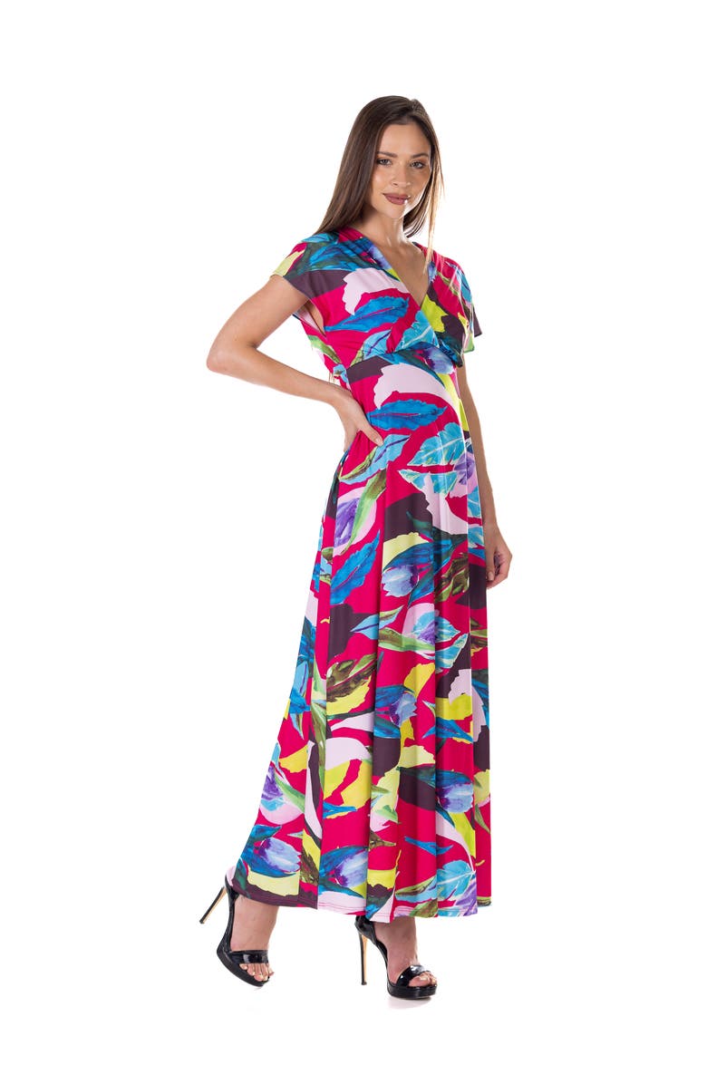 24seven Comfort Apparel Floral Print V-Neck Empire Waist Kimono Cap Sleeve Maxi Dress, Alternate, color, Pink Multi