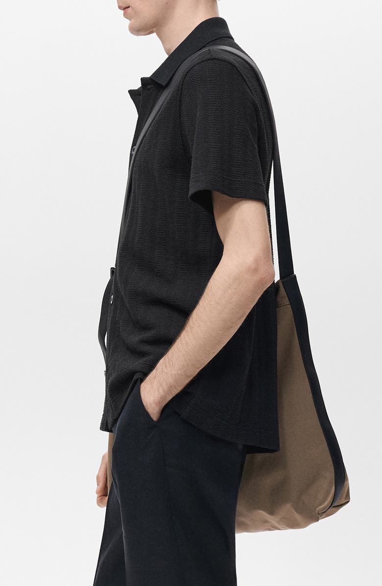 MANGO Short Sleeve Structured Knit Button-Up Shirt, Alternate, color, Black