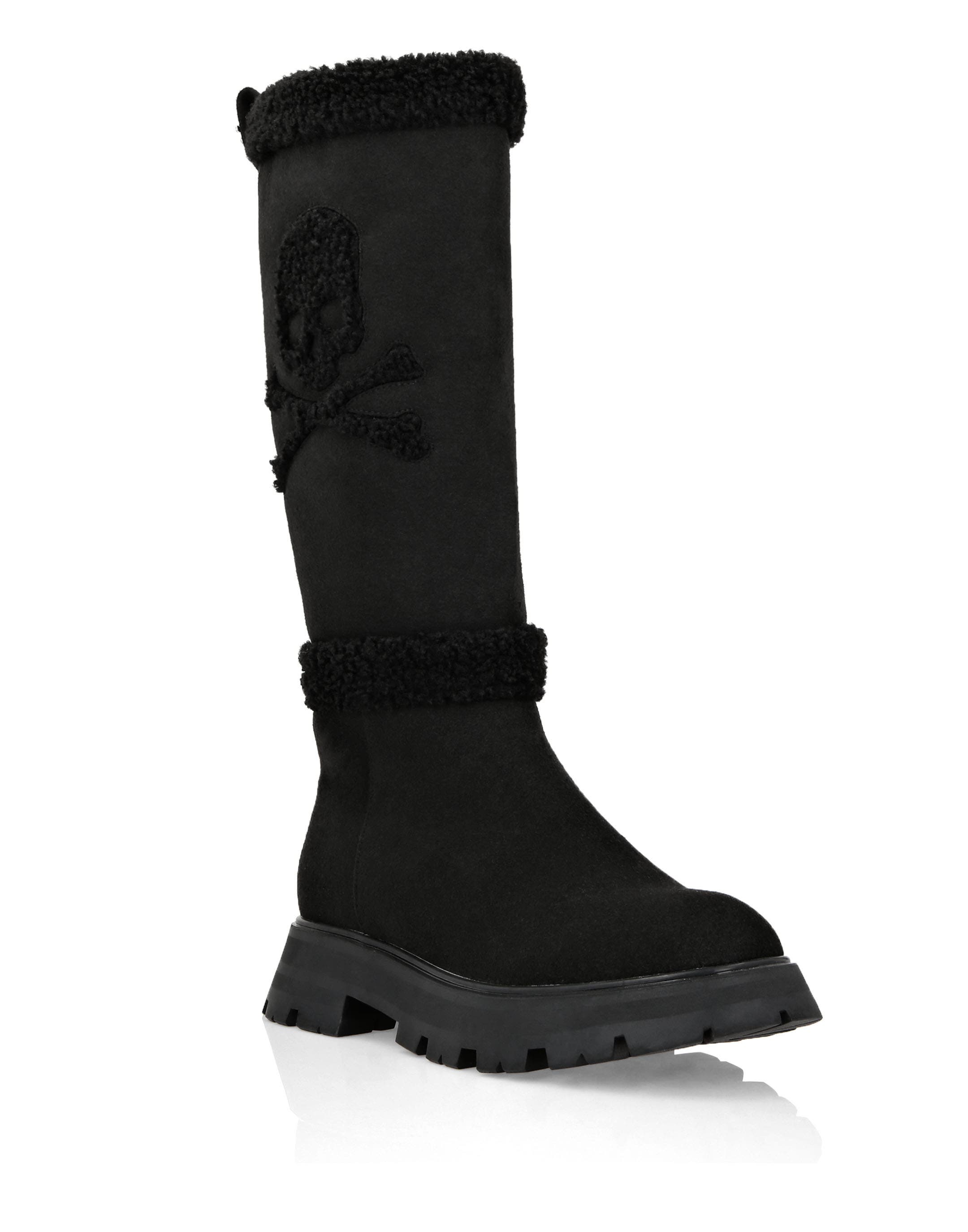 Boots Mid Flat Skull&Bones Women, Main, color, black