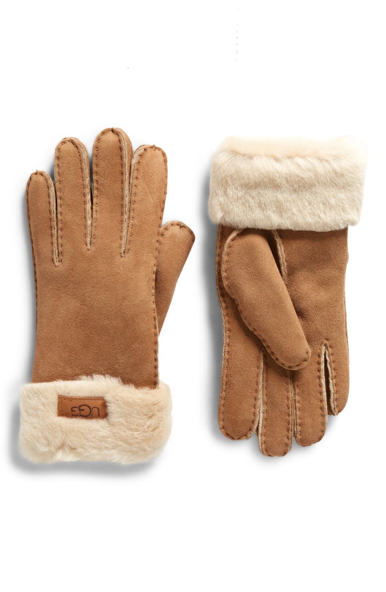 UGG<sup>®</sup> Genuine Shearling Turn Cuff Gloves, Main, color, Chestnut