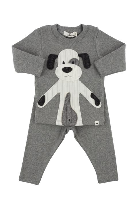 Large Cream Puppy Applique Long Sleeve Two Piece Set