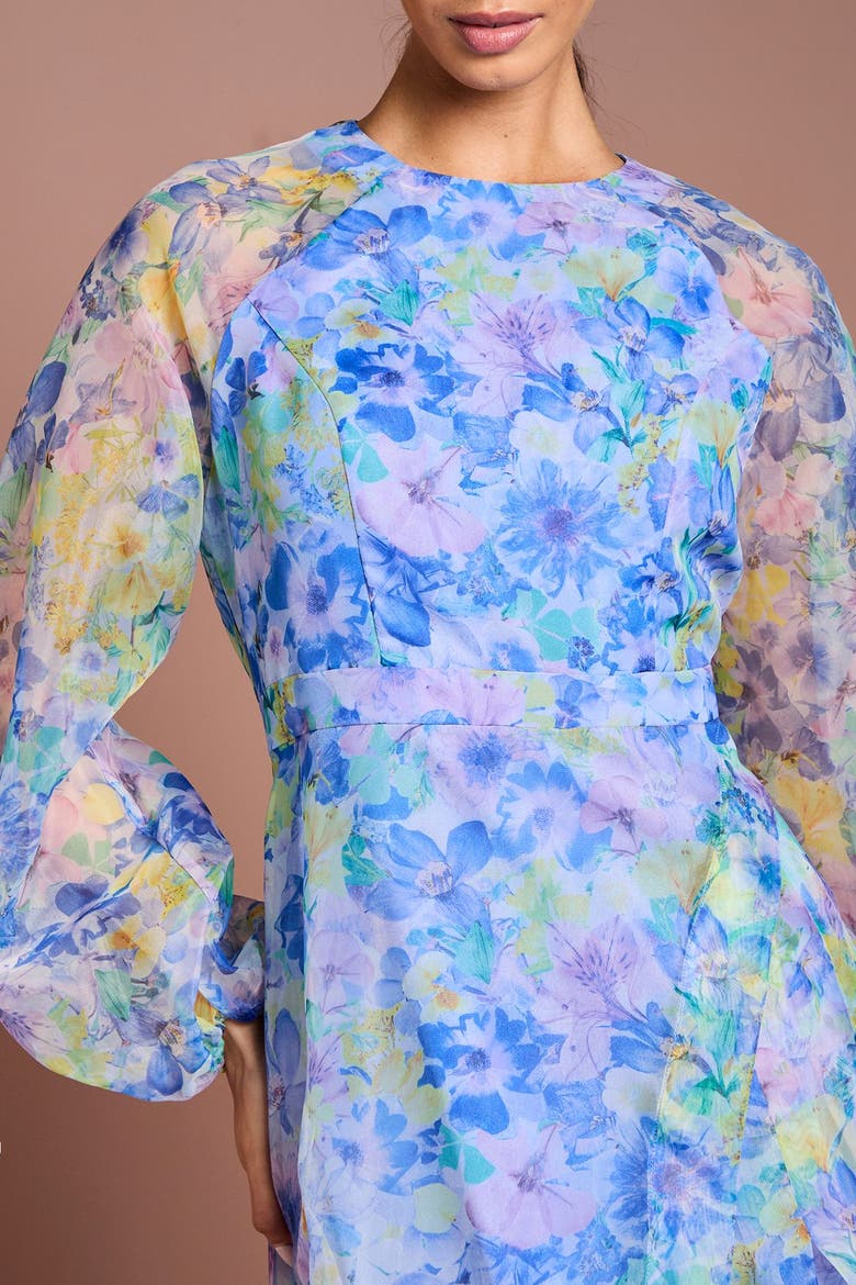 Organza Floral Puff Sleeve Midi Dress, Alternate, color, Blue