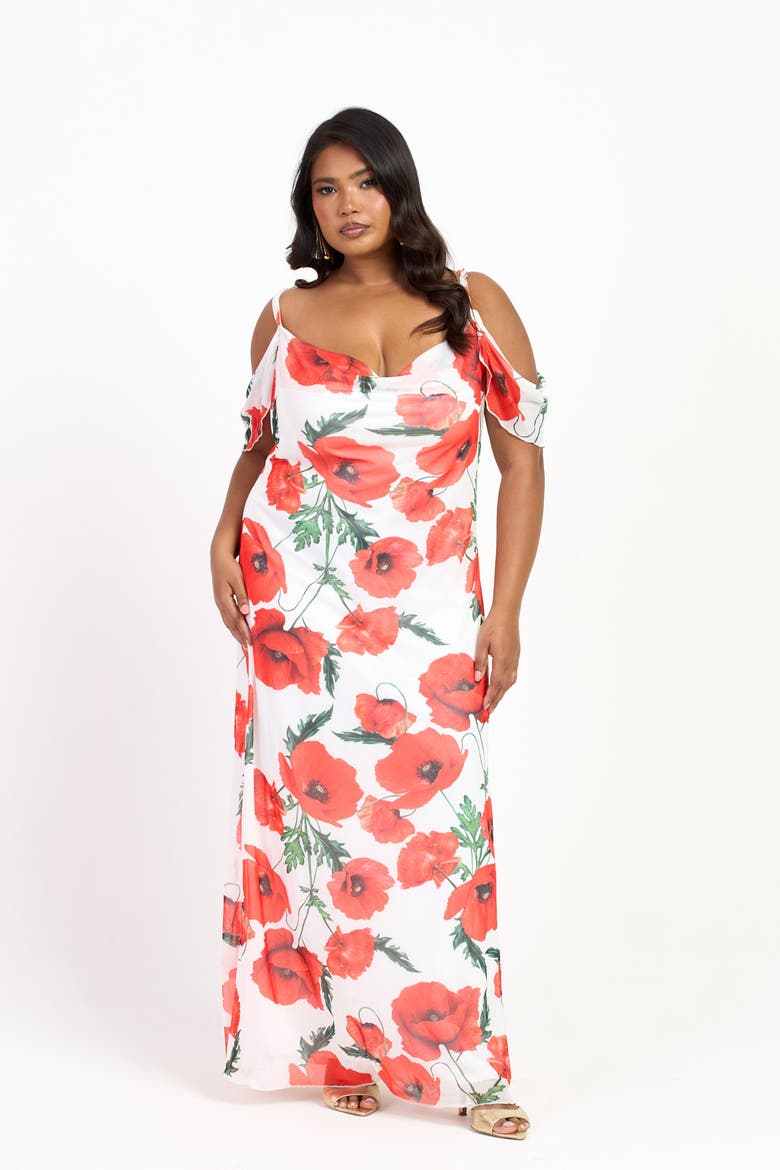 Cold Shoulder Poppy Print Strappy Dress, Main, color, White