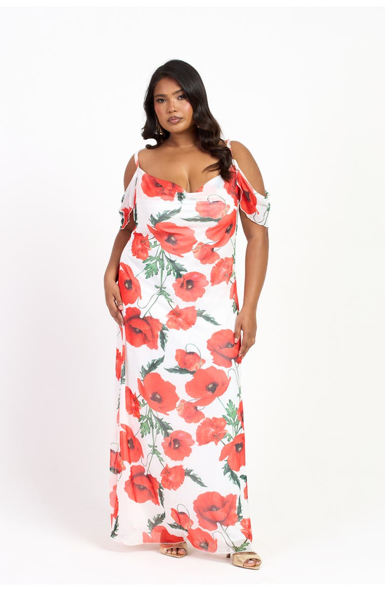 FASHION-SZN CURVE Cold Shoulder Poppy Print Strappy Dress, Main, color, White