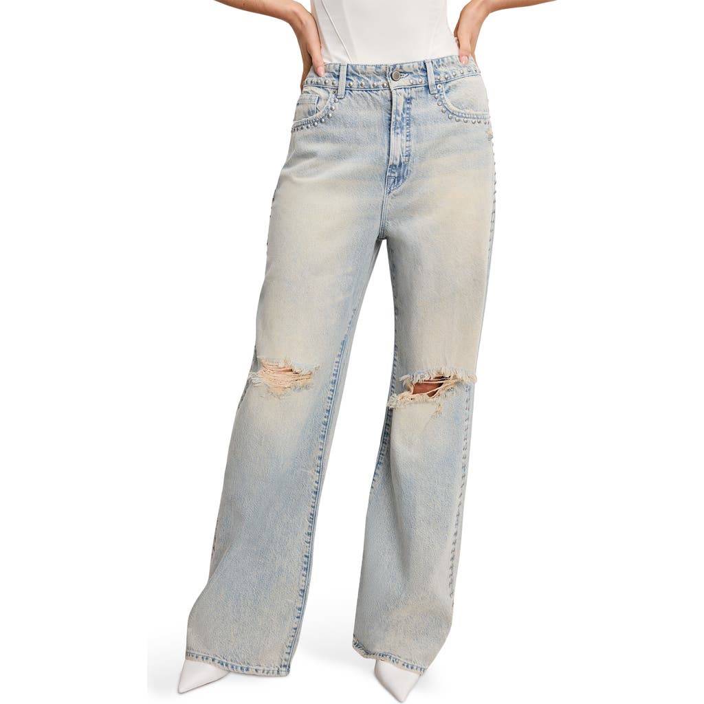 Good American Good Standard Ease Studded High Waist Wide Leg Jeans