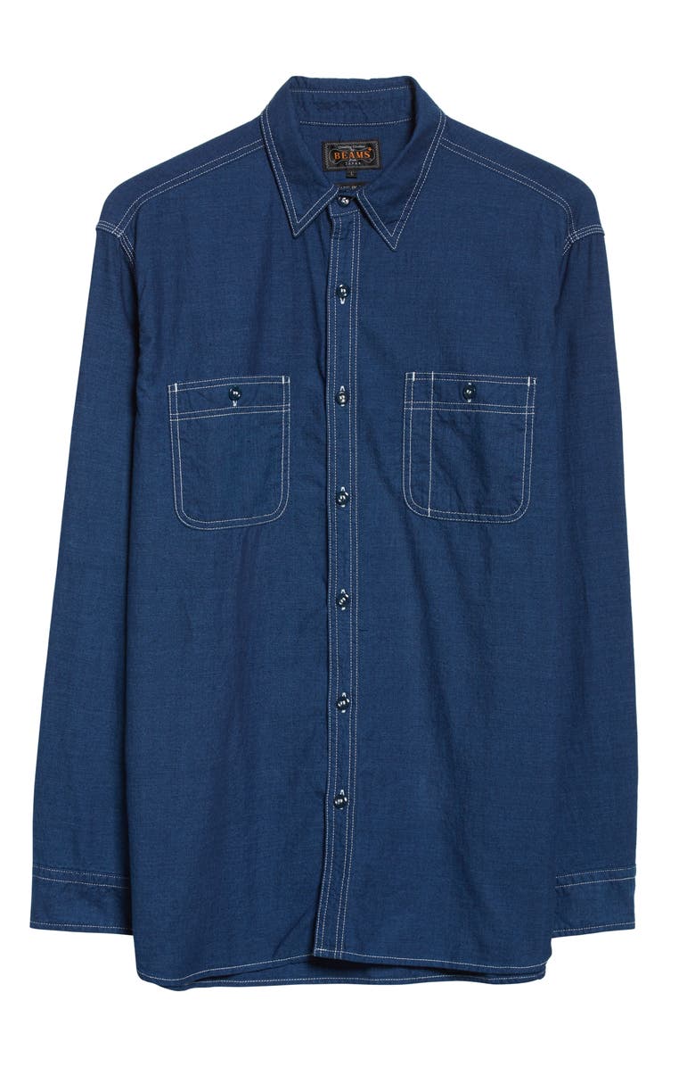 BEAMS Plus Men's WORK Indigo Chambray Button-Up Shirt, Alternate, color, 