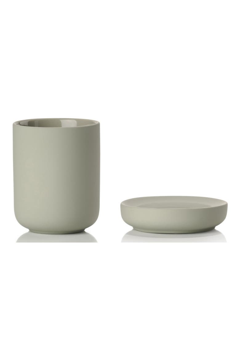 Ume Soap Dish & Toothbrush Mug Stoneware Set, Main, color, EUCALYPTUS GREEN