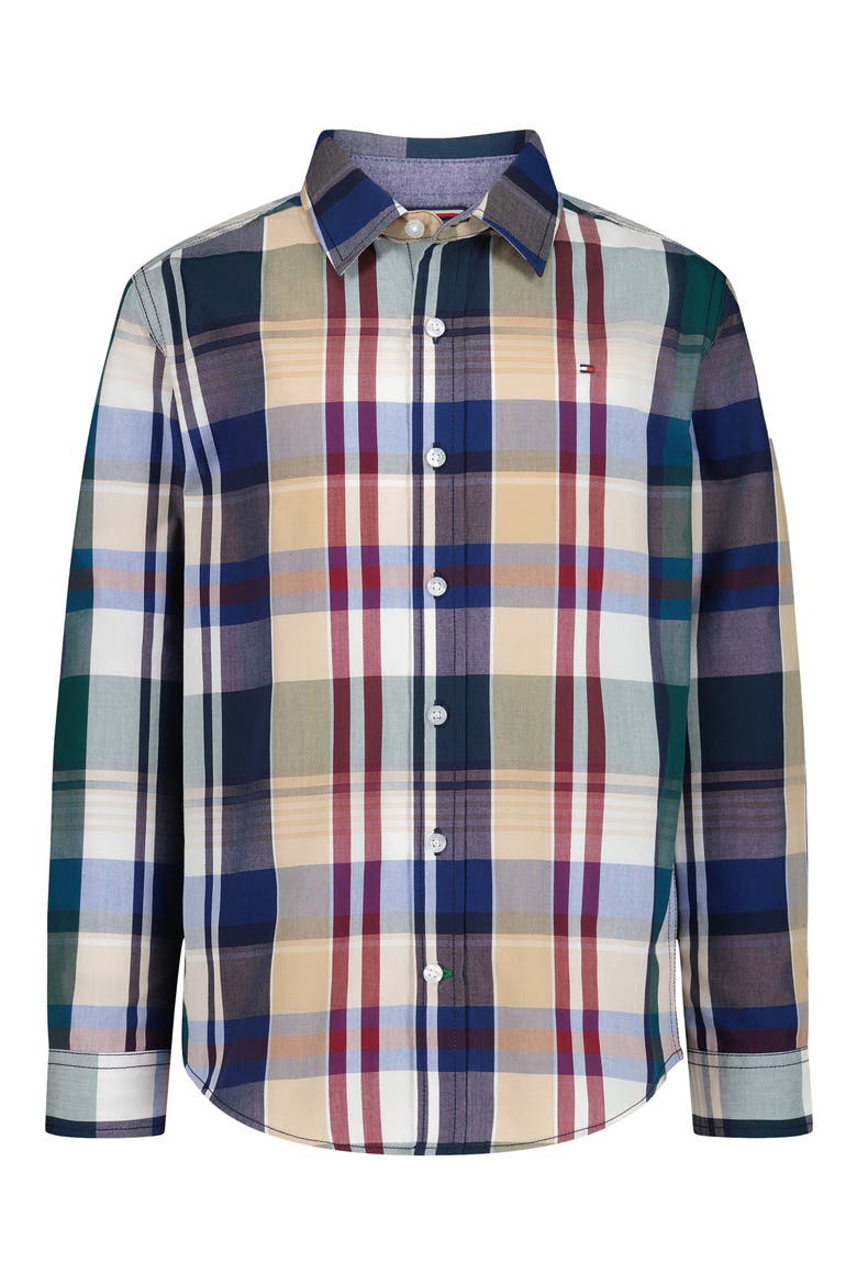 Kids' Plaid Cotton Shirt, Main, color, JUNE BUG