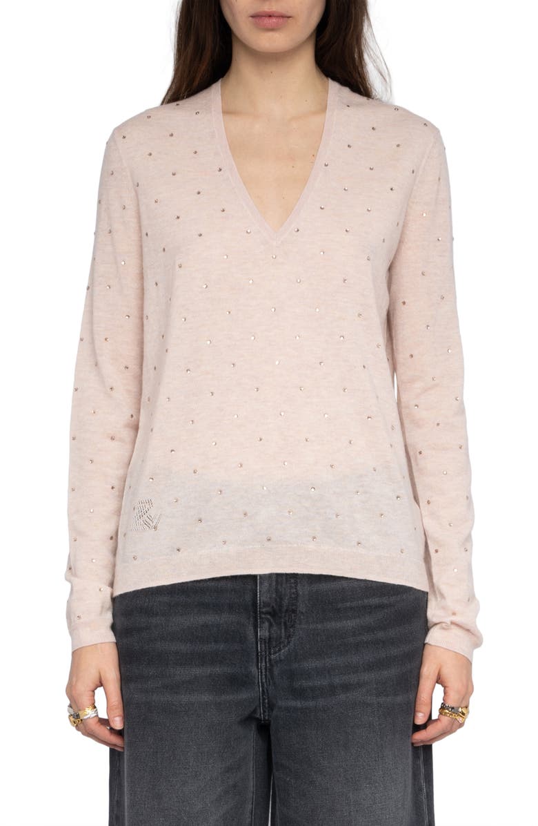 Zadig & Voltaire Rivy Rhinestone Emellished Cashmere V-Neck Sweater, Main, color, Pearly