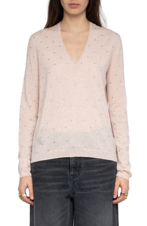 Rivy Rhinestone Emellished Cashmere V-Neck Sweater