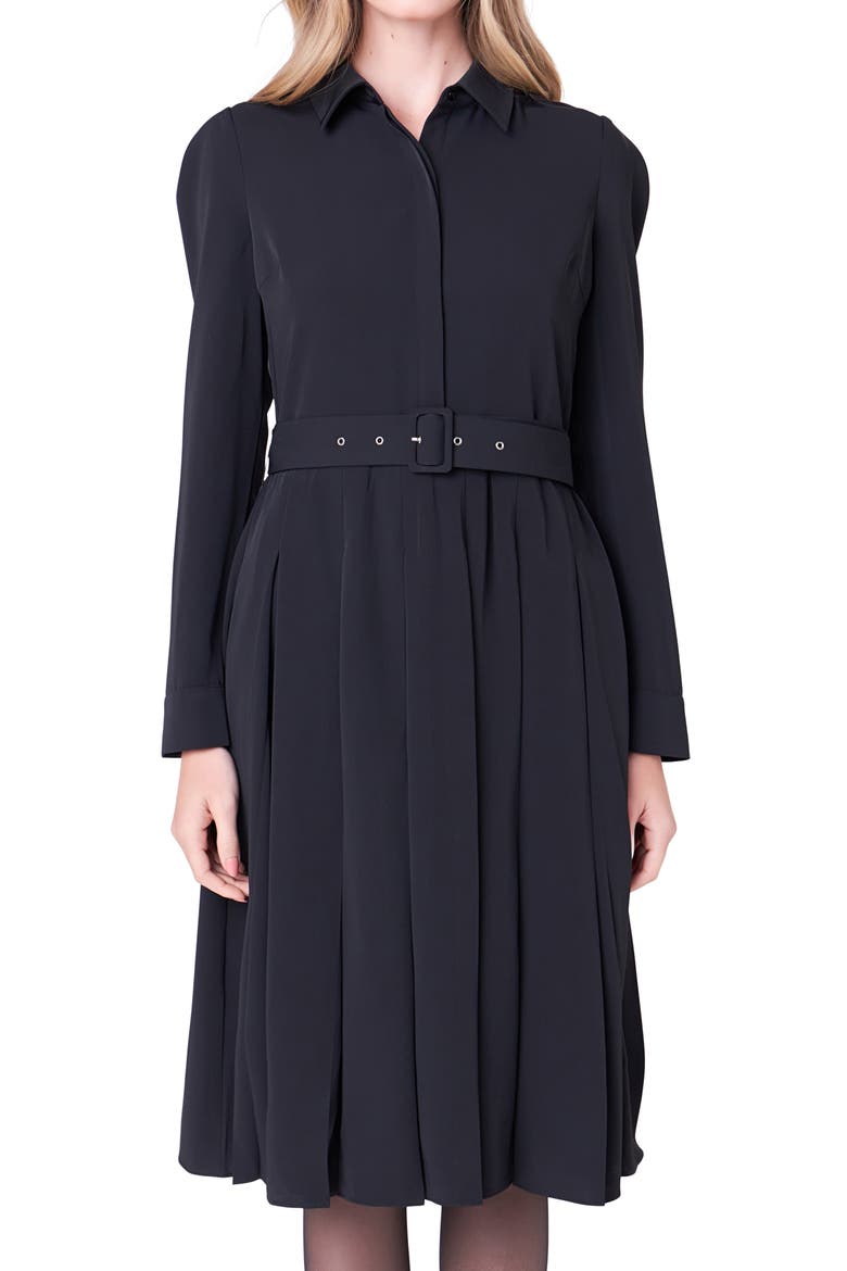 Pleated Long Sleeve Shirtdress, Alternate, color, BLACK
