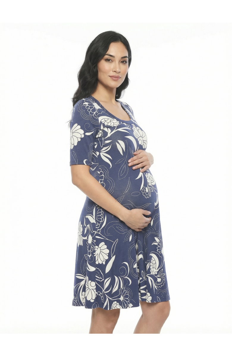 24seven Comfort Apparel Maternity Floral Scoop Neck Elbow Sleeve Knee Length Skater Dress, Alternate, color, Navy Multi