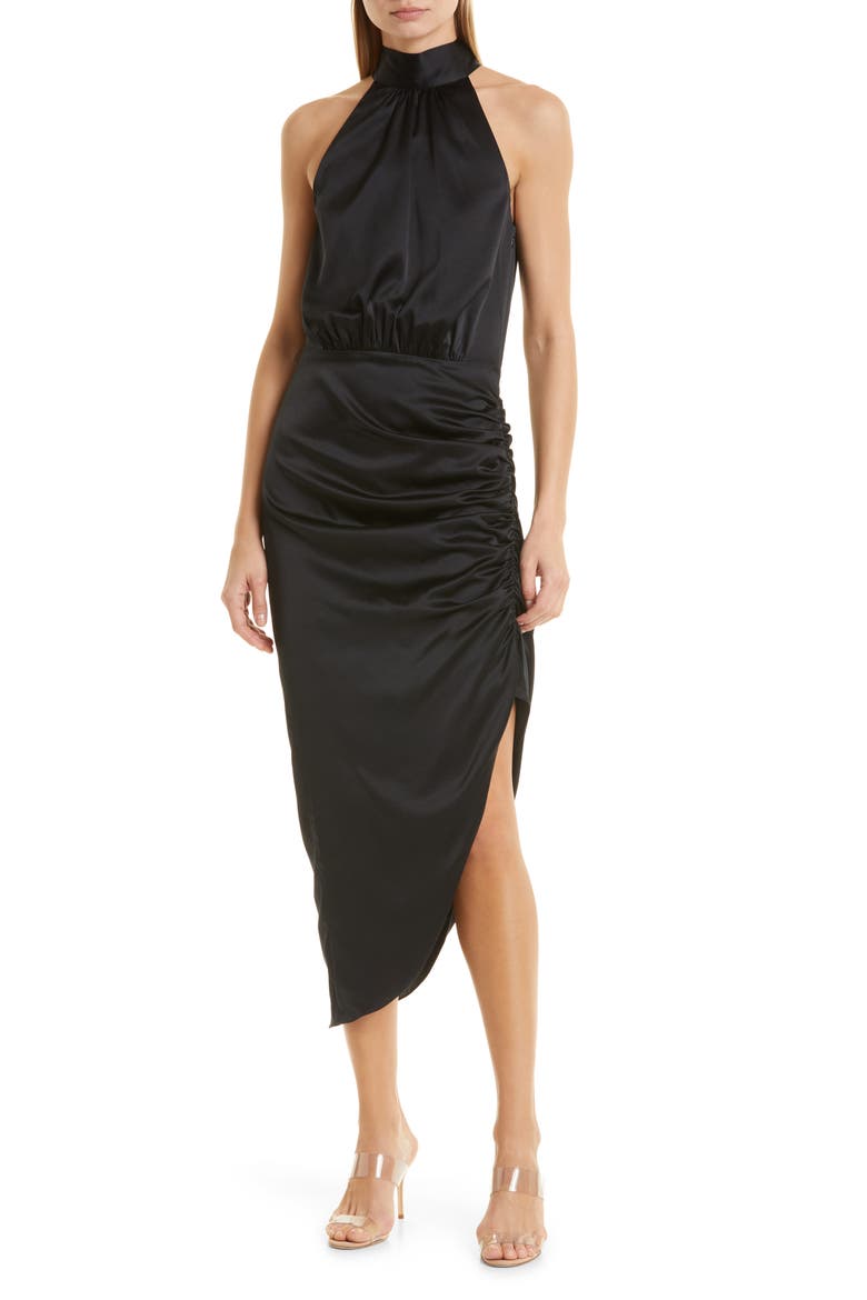 Gabriella Ruched Stretch Silk Halter Dress, Main, color, BLACK